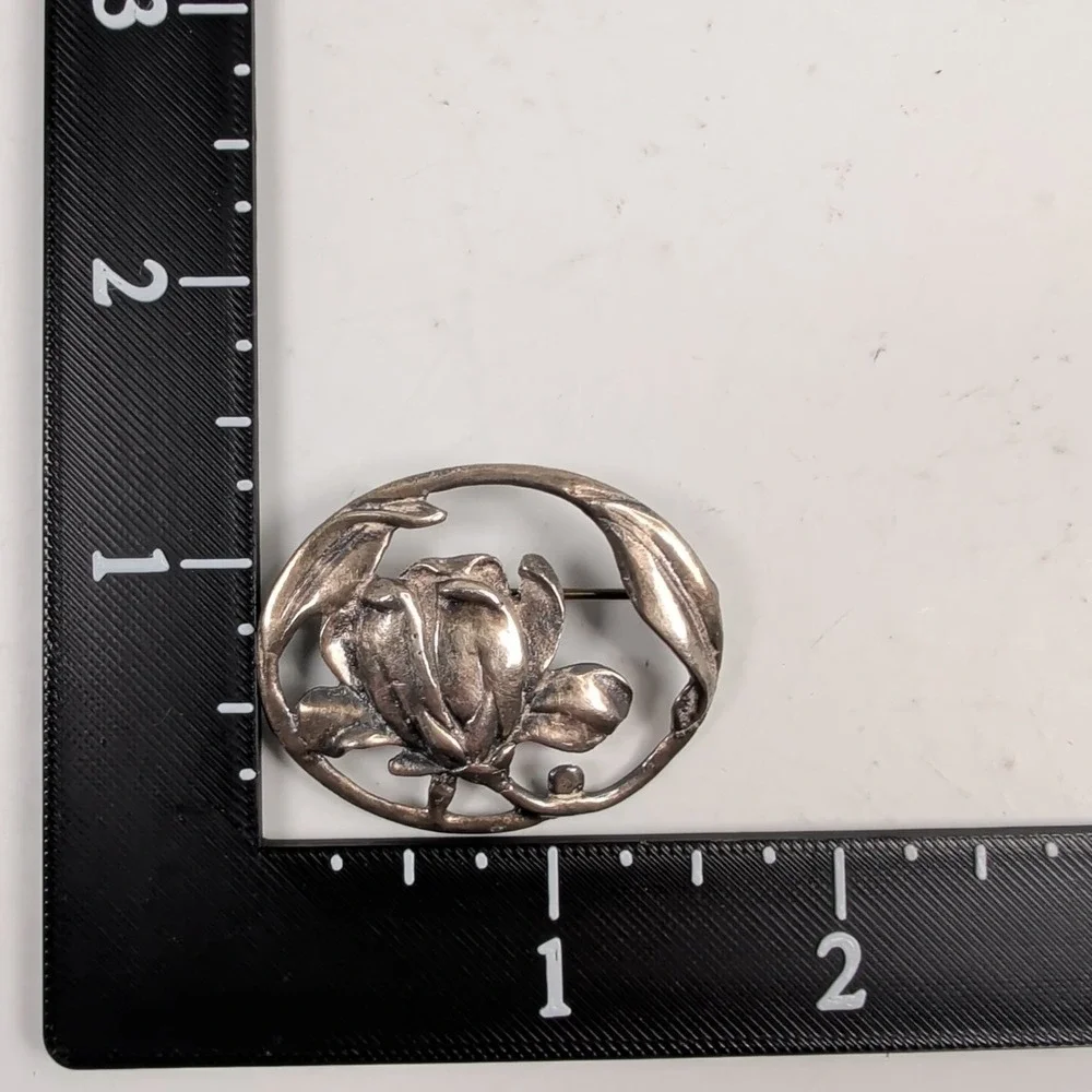 Vintage Sterling Silver Floral Rose Oval Brooch Pin Art Nouveau Style 9g